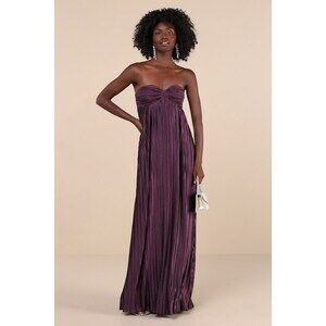 Lulus Whimsical Beauty Dark Purple Satin Plisse Strapless Maxi Dress - Size L